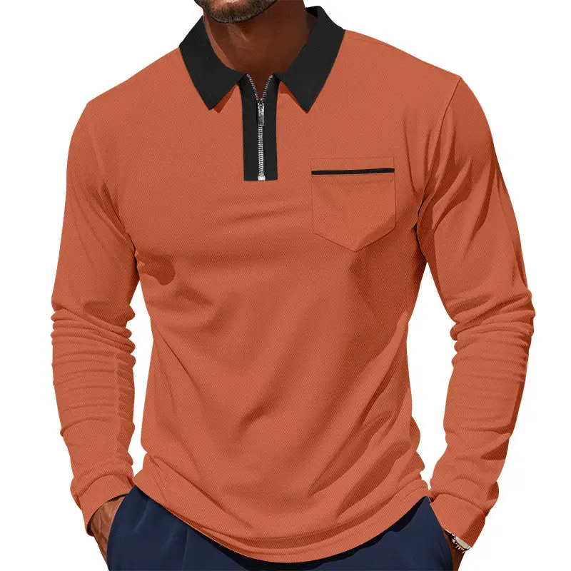 Half Zip Chest Pocket Long Sleeve Jersey Polo Shirt