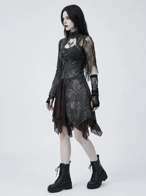 Women's Gothic Bat Wing Tribal Print Lace Trimmed Top