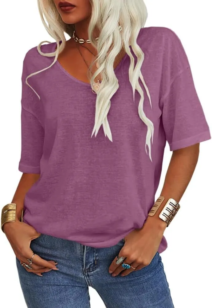 Women's Summer Casual Half Sleeve V-Neck T-Shirt Basic Top