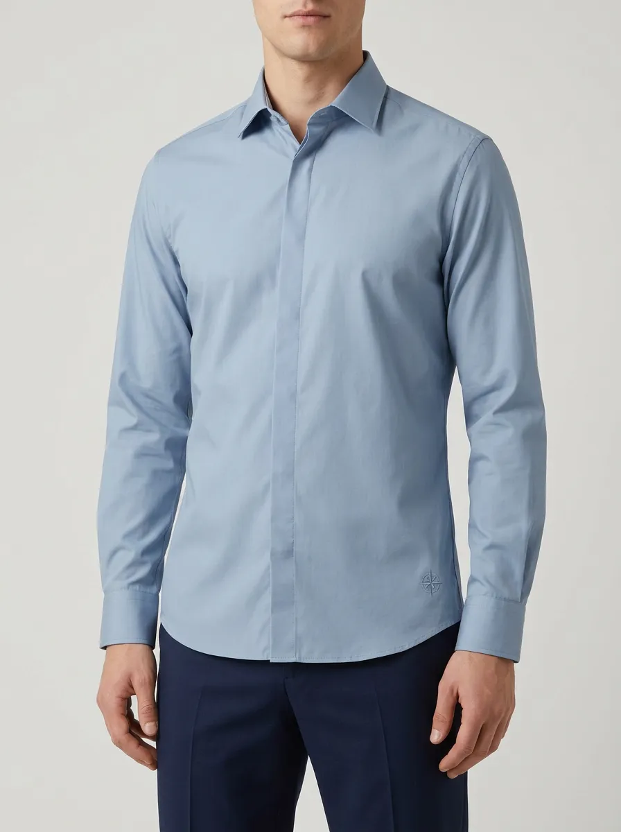 Men's Non-Iron Cotton Compass Logo Embroidered Long Sleeve Shirt