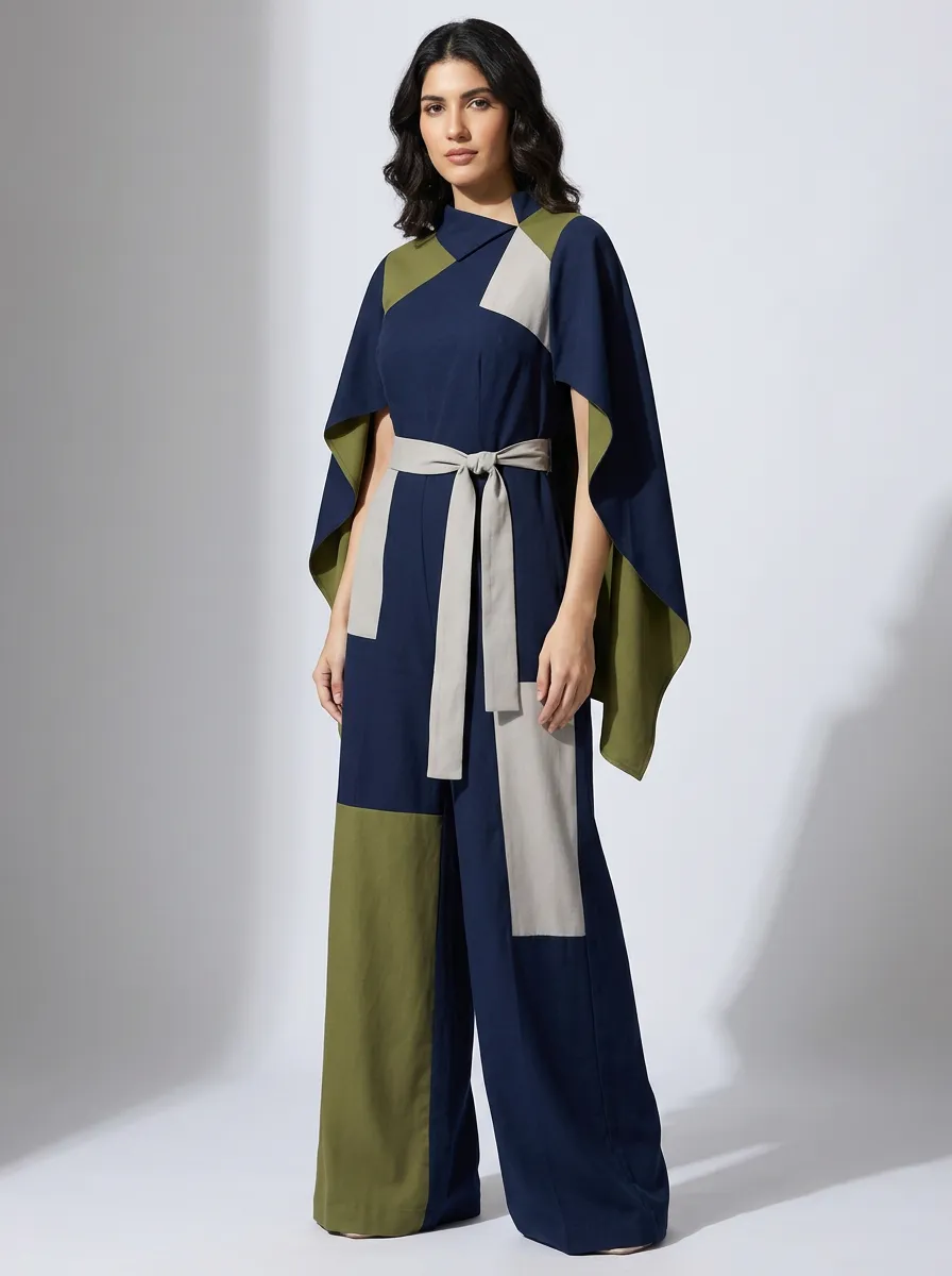 Women's Modern Minimalist Colorblock Cape-Style Printed Jumpsuit
