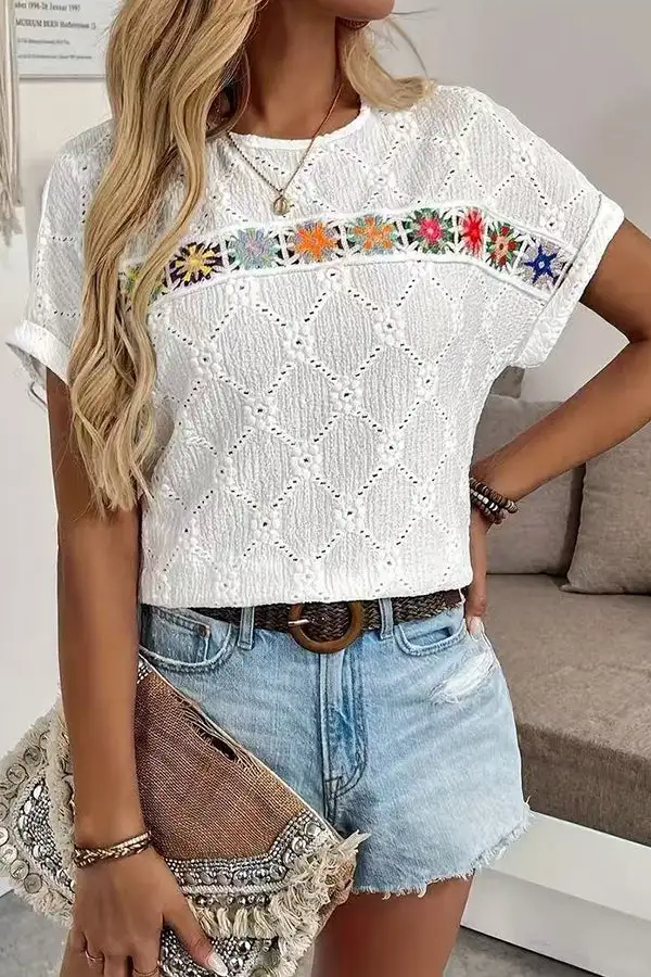 Hollow Patchwork Round Neck Casual Tops