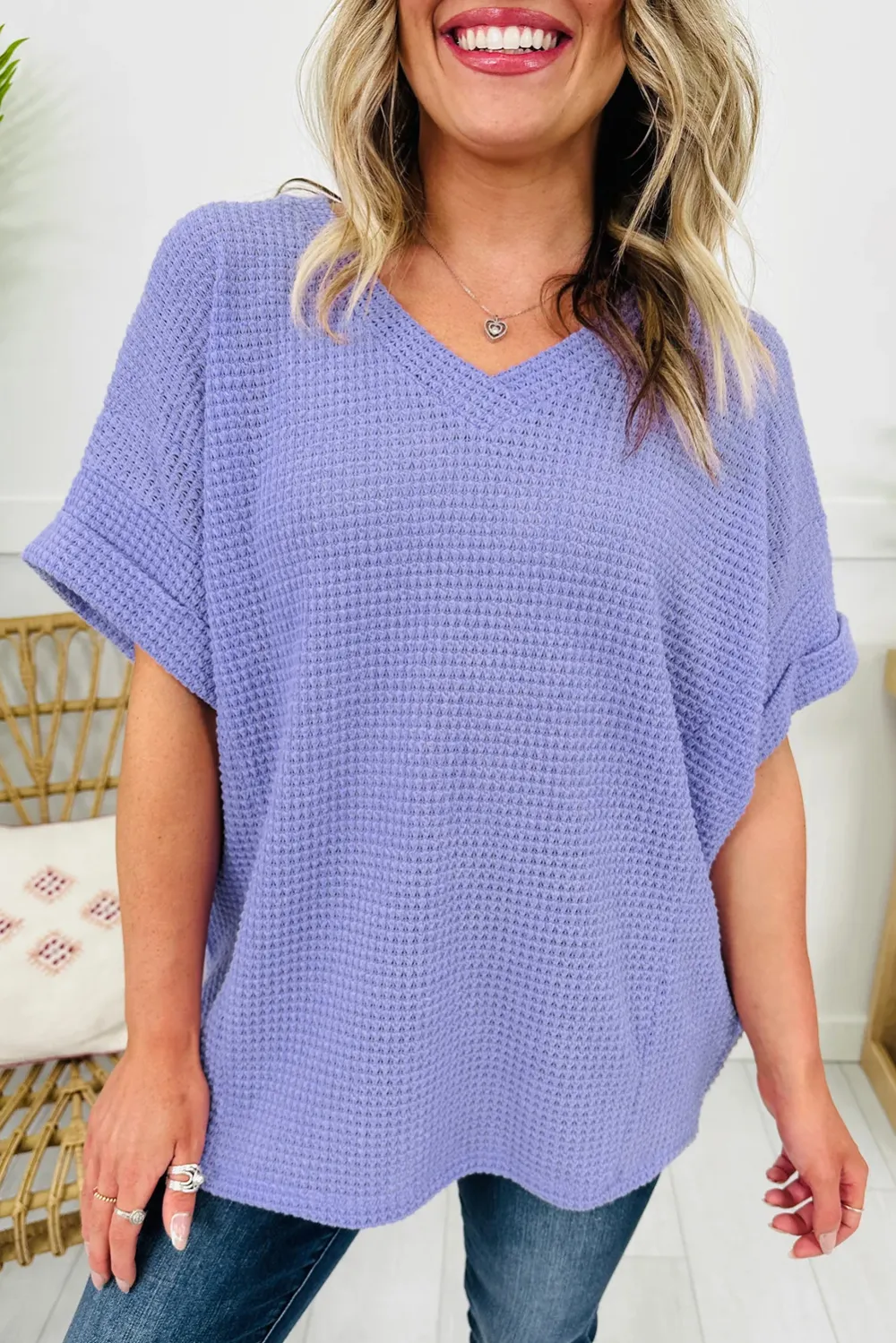 Wisteria Waffle V Neck Short Sleeve Top