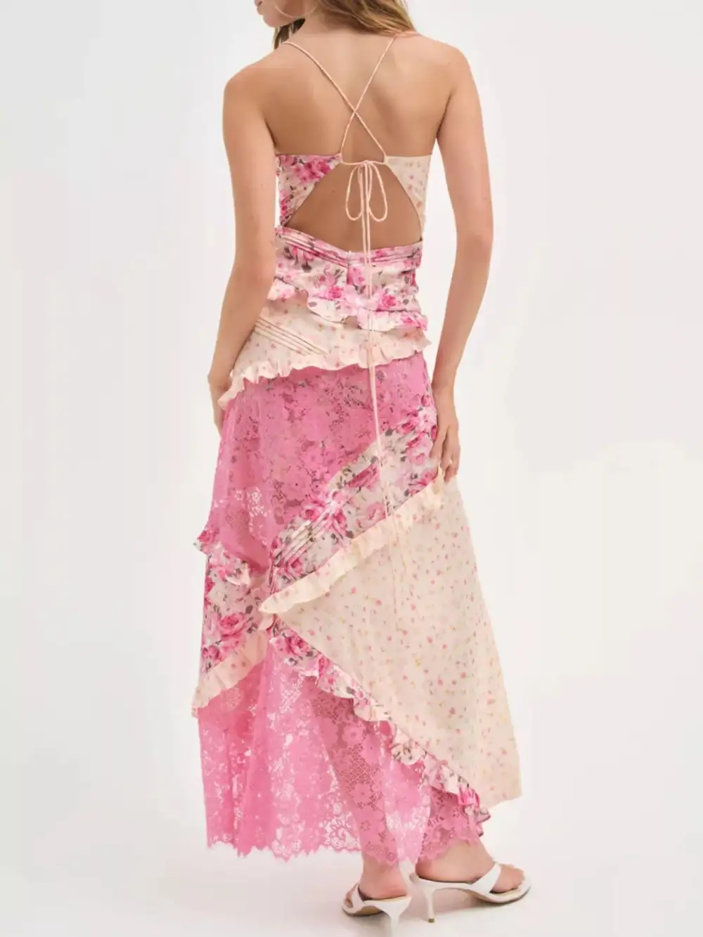 Lace Floral Print Ruffle Trim Maxi Dress