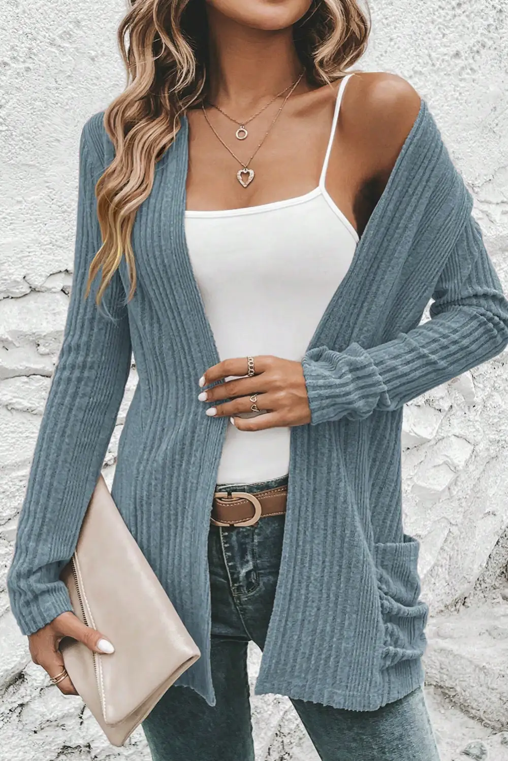 Ribbed Pocketed Open Front Cardigan