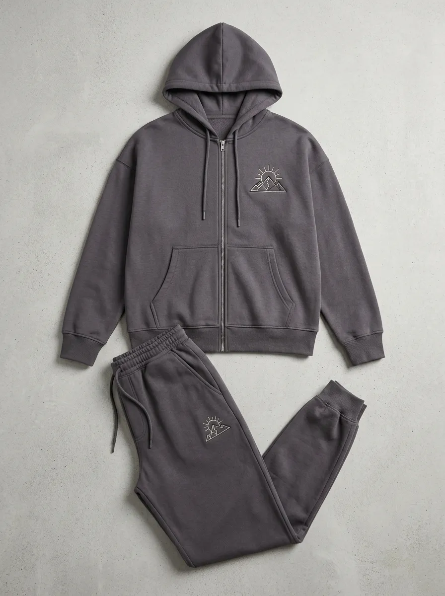 Men's Mountain Sun Embroidered Zip-Up Hoodie Jogger Set