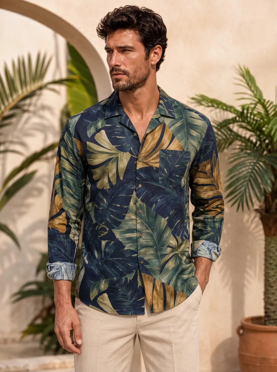 Men's Tropical Leaf Print Camp Collar Shirt with Curved hemline for a clean finish when worn untucked