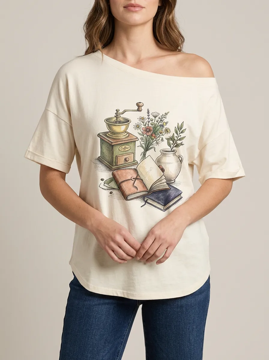 Women's Coffee Book Flower Graphic Off-Shoulder T-Shirt