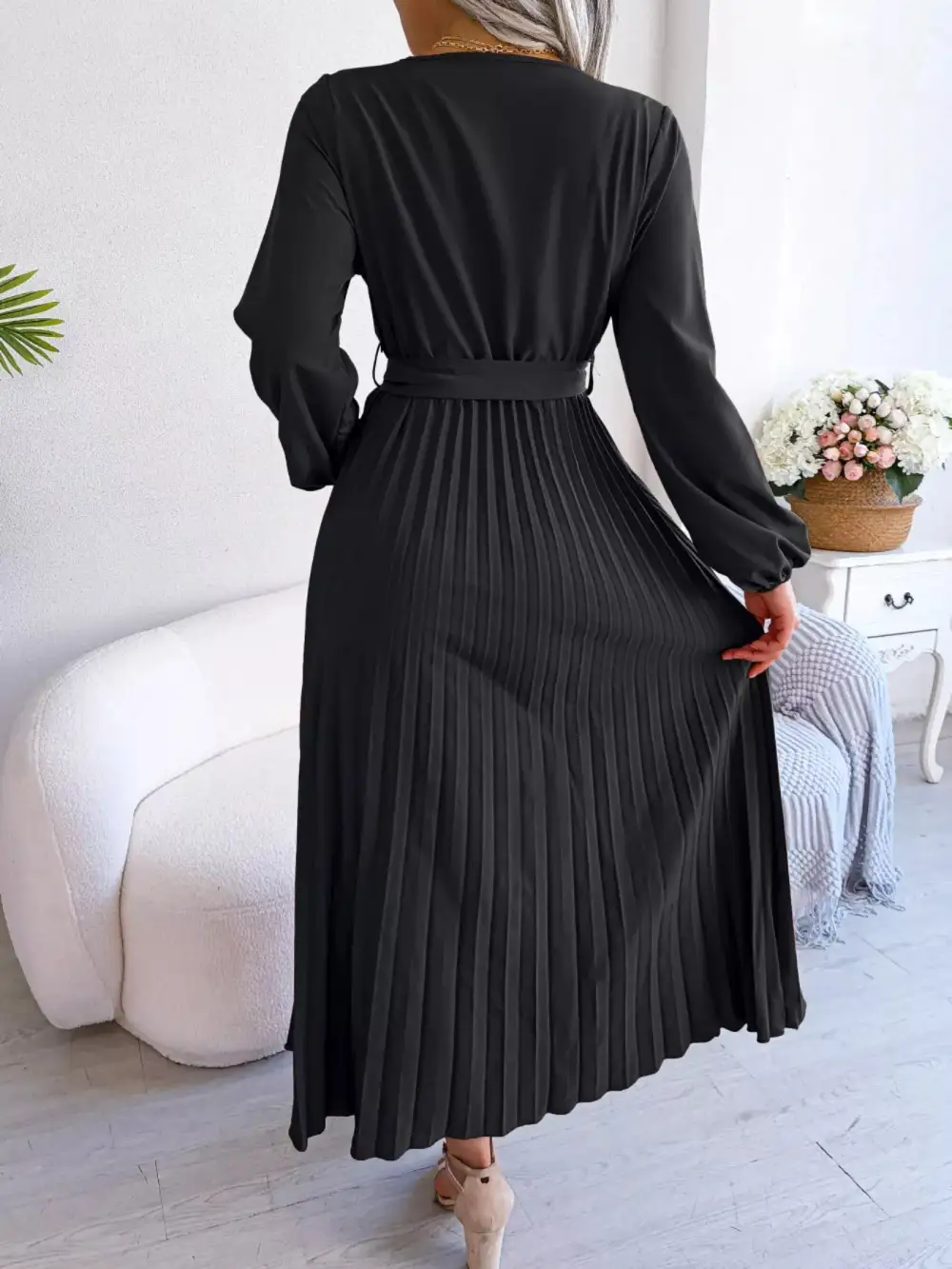 Pleated Long Sleeve Dress Casual