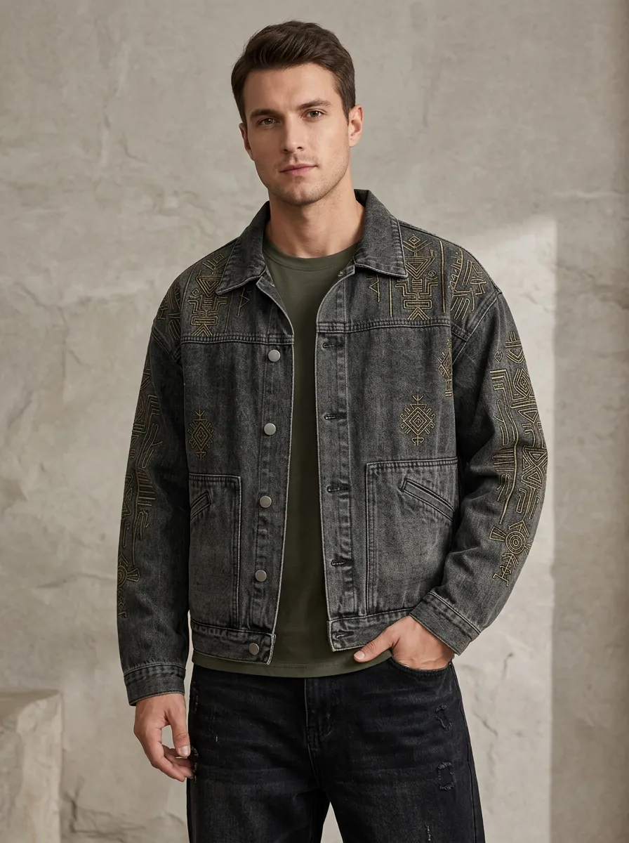 Men's Crafted Motif Tribal Geometric Denim Jacket