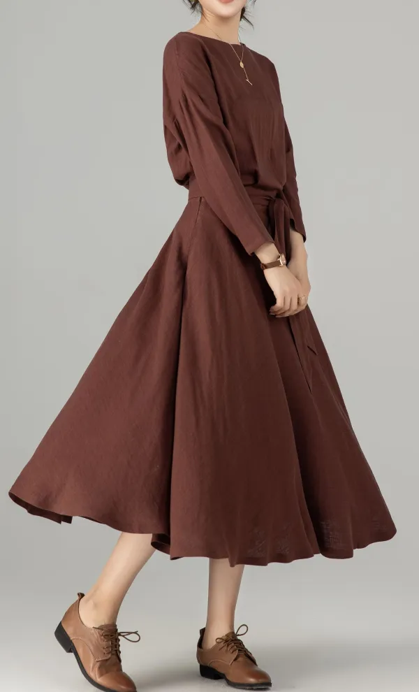 Linen Cotton Boat Neck Long Sleeve Midi Dress
