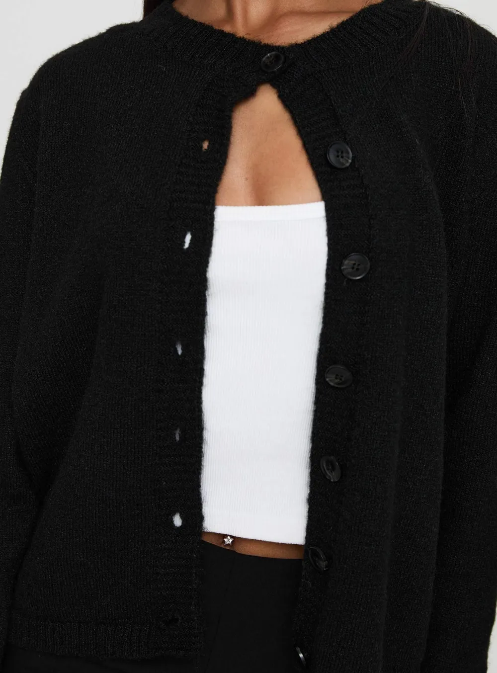 Black Knit Ruched Button-Up Cardigan