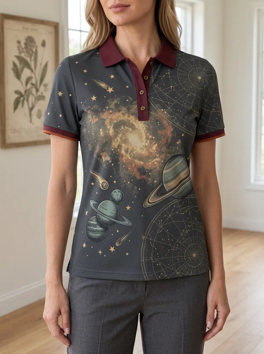 Women's Relaxed Astronomy Lover Galaxy Planets Polo Shirt
