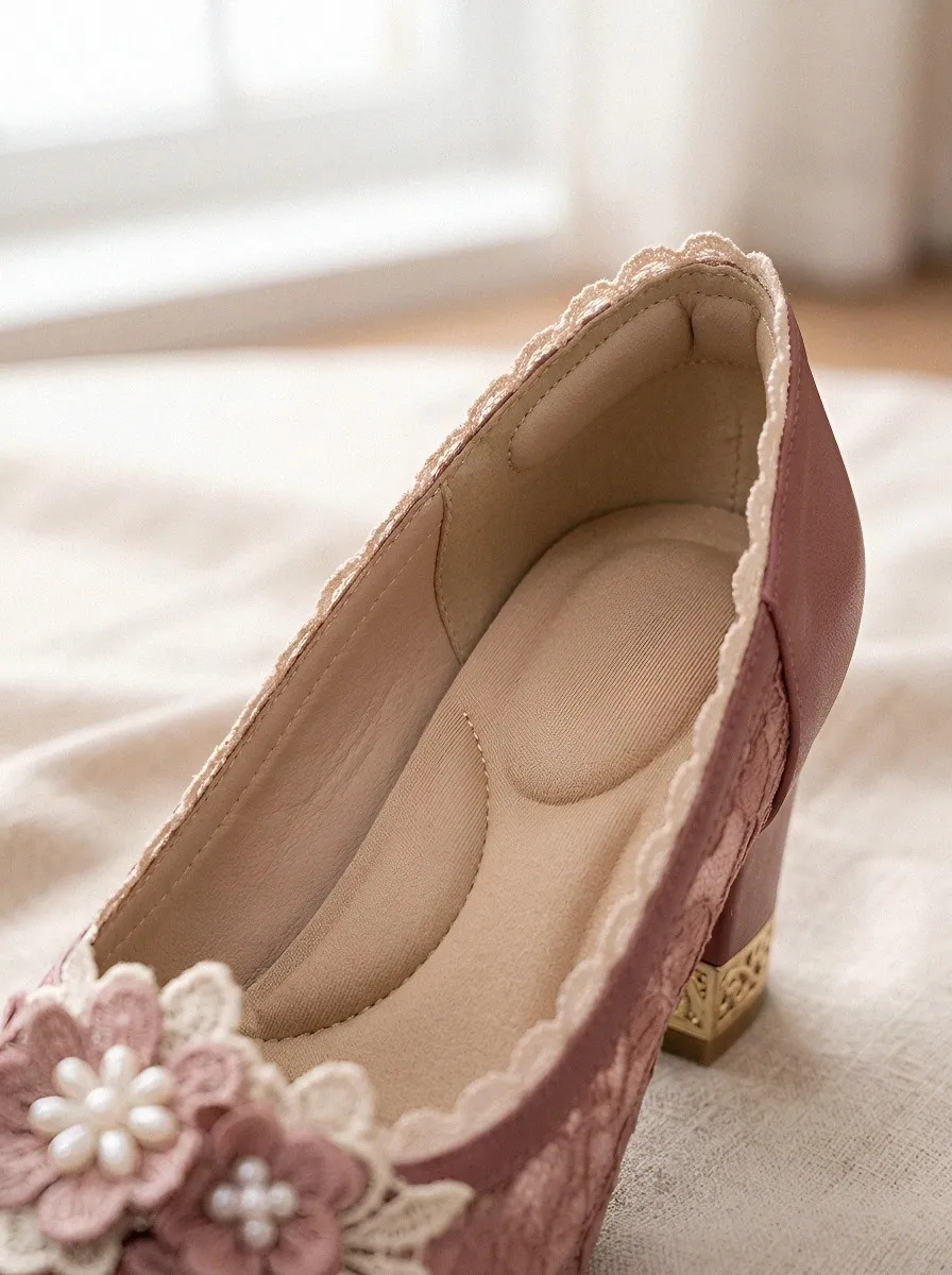 T-Strap Lace Pearl Floral Women's Bavarian Occasion Heels