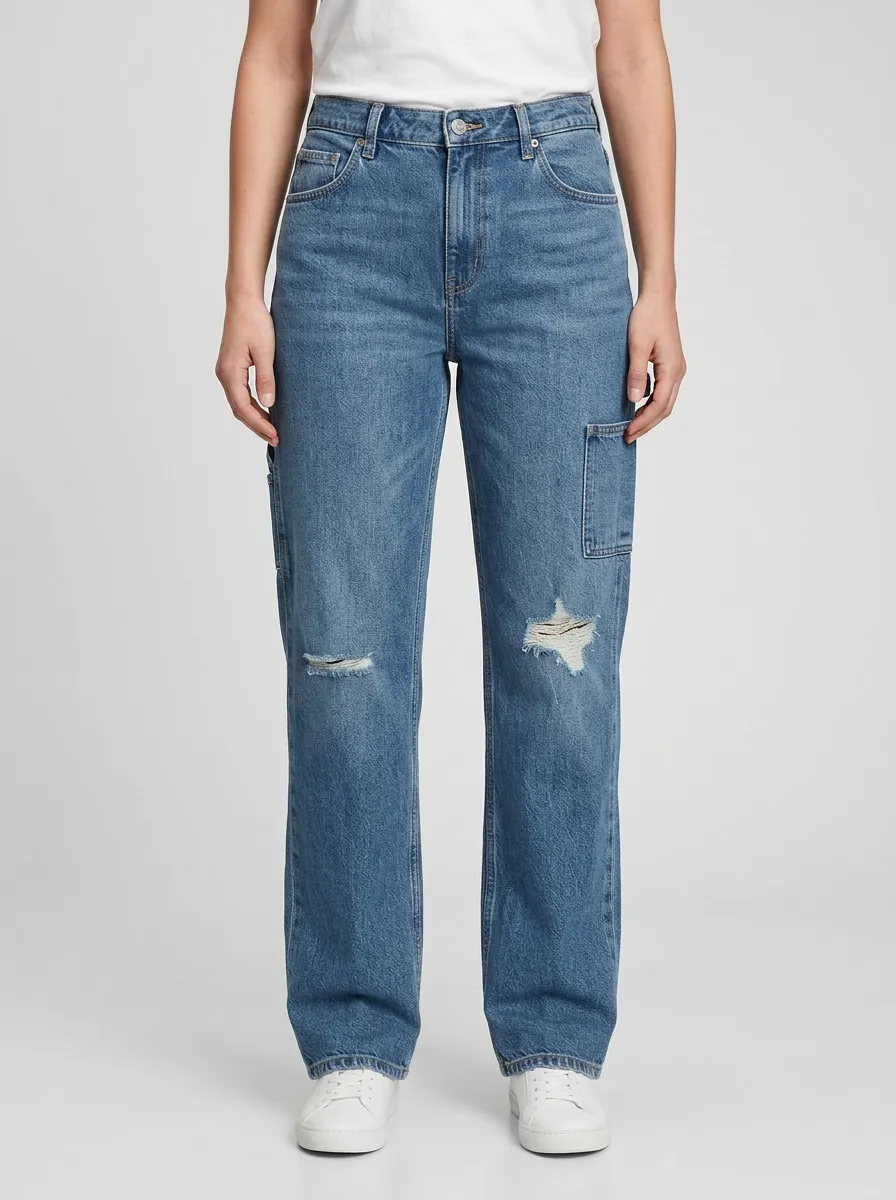Women's Utility-Pocket Double-Knee Distressed Clean-Hem High-Rise Straight-Leg Jeans