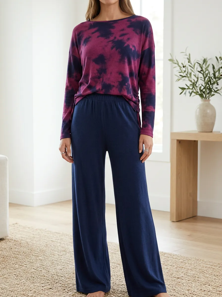 Women's Easy Fit Lounge Tie-Dye Patterned Long Sleeve Wide Leg Pants Set