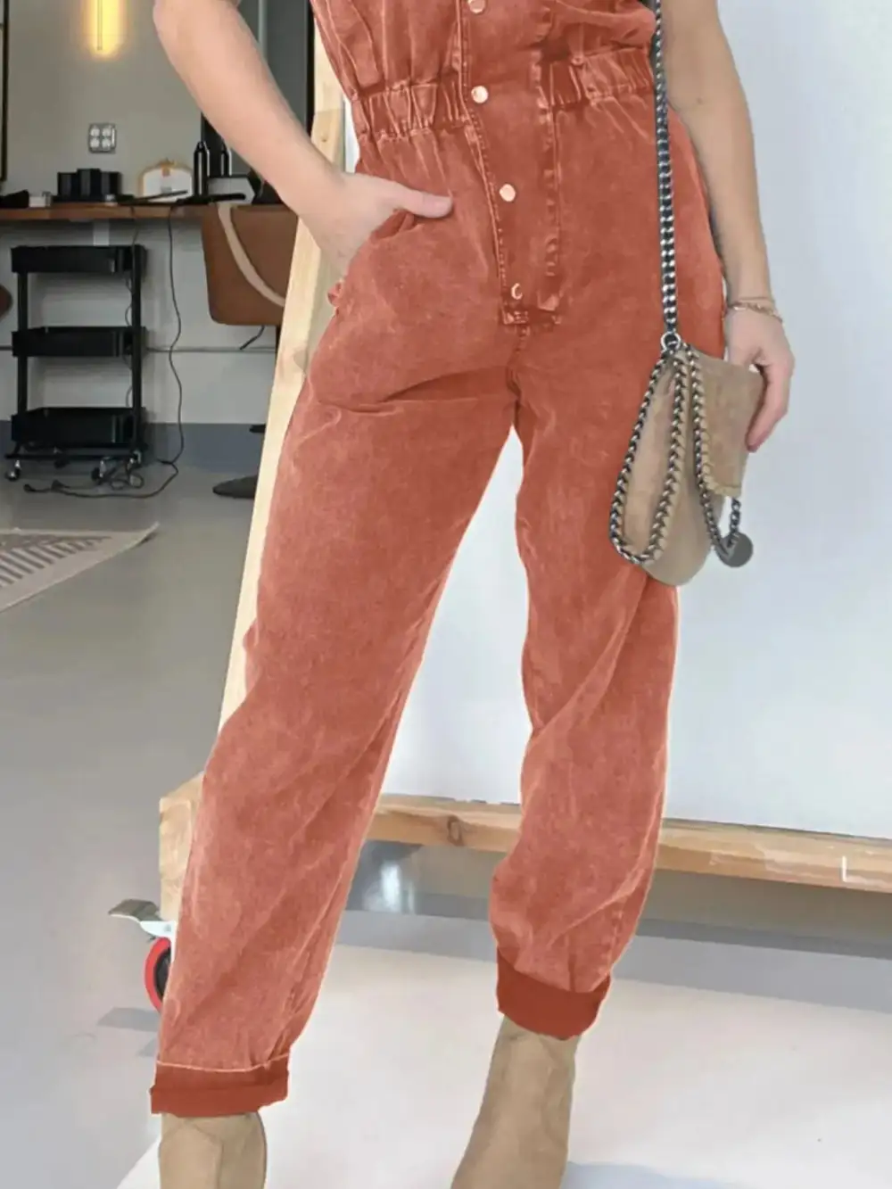 Modern Denim Button Front Jumpsuit