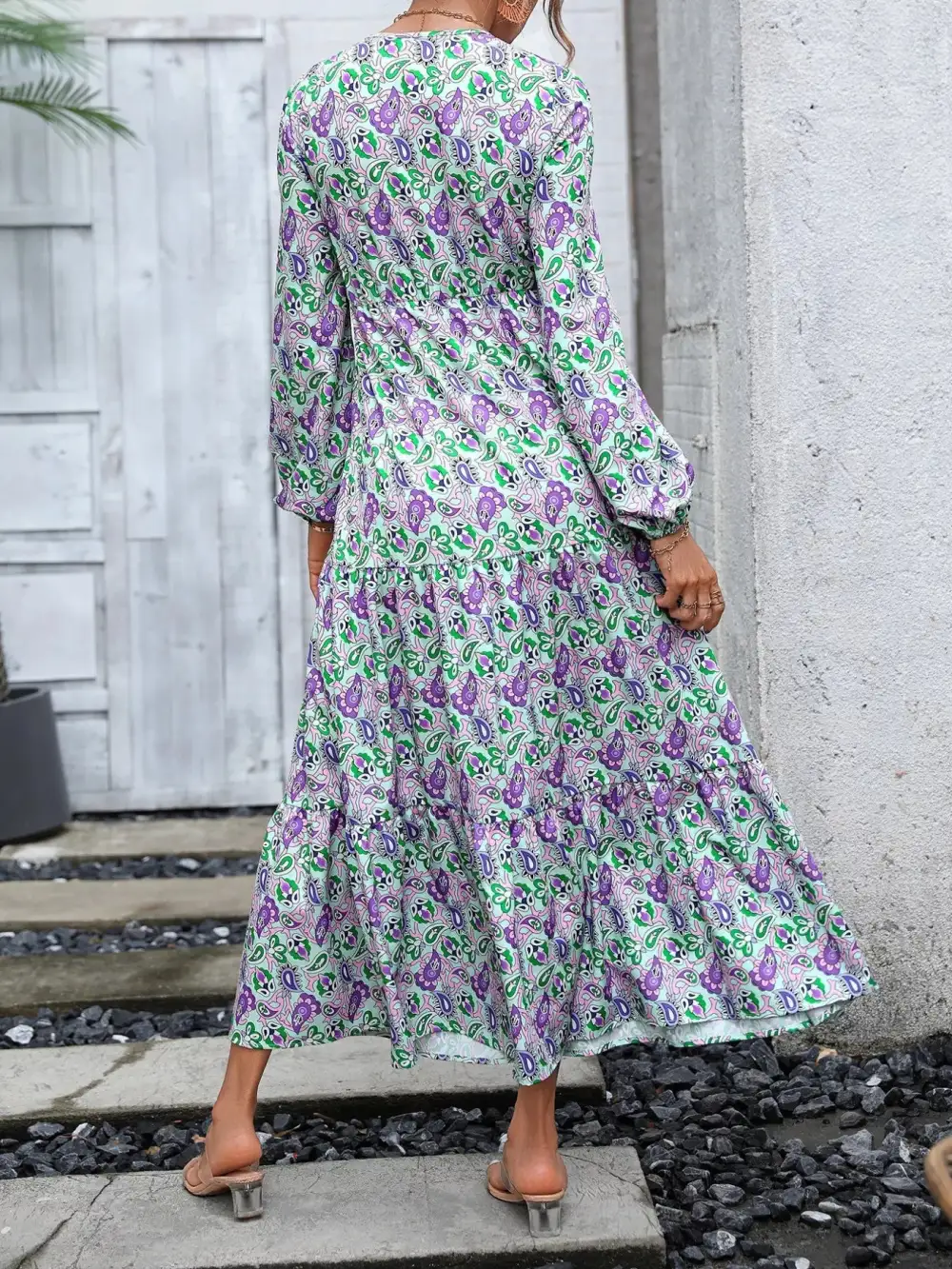 Smooth Finish Printed V Neck Long Sleeve Dress