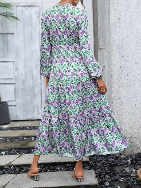 Smooth Finish Printed V Neck Long Sleeve Dress