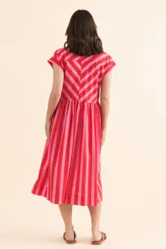 Below-Knee Striped Cotton Pocket Collared Short-Sleeve Straight-Cut Dress