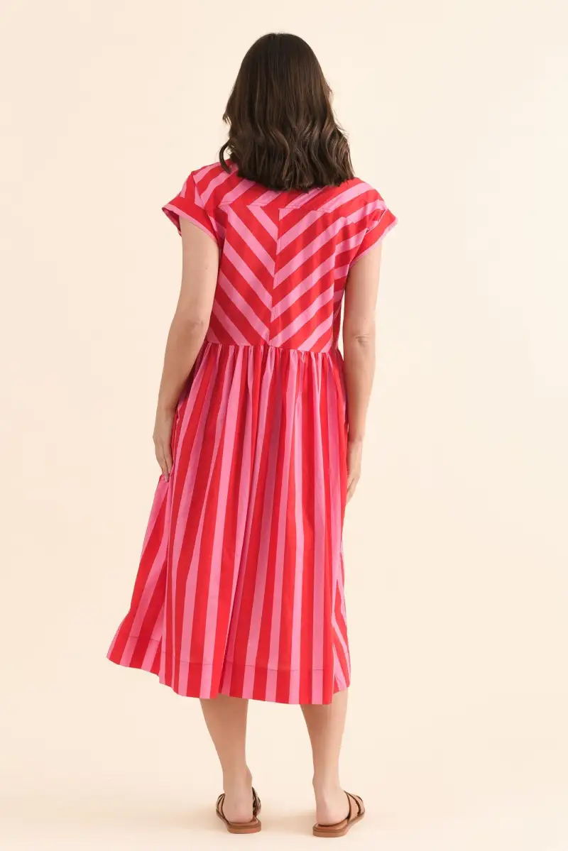 Below-Knee Striped Cotton Pocket Collared Short-Sleeve Straight-Cut Dress