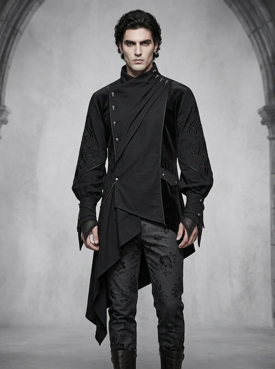 Darkwave Thorn Victorian Embroidered Night Look Men's Gothic Asymmetric Shirt