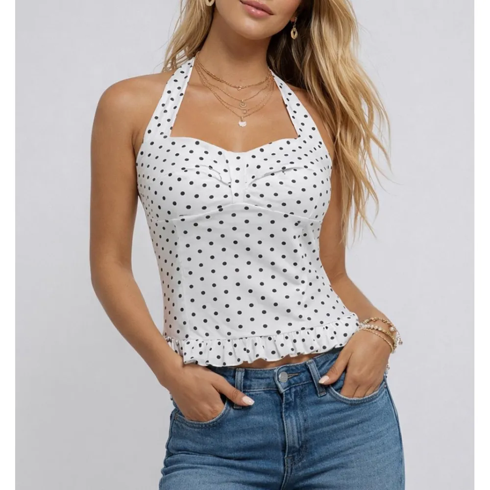 Chic Polka Dot Halter Strap Ruffle Hem Sleeveless Top