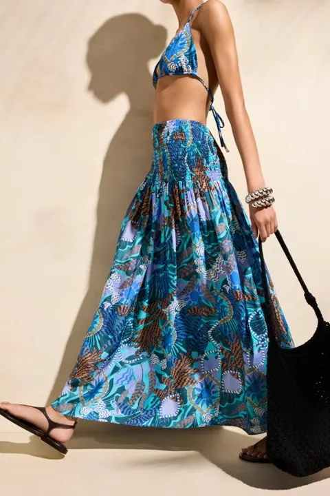 Women's Blue Boho Print High Waist Maxi Skirt