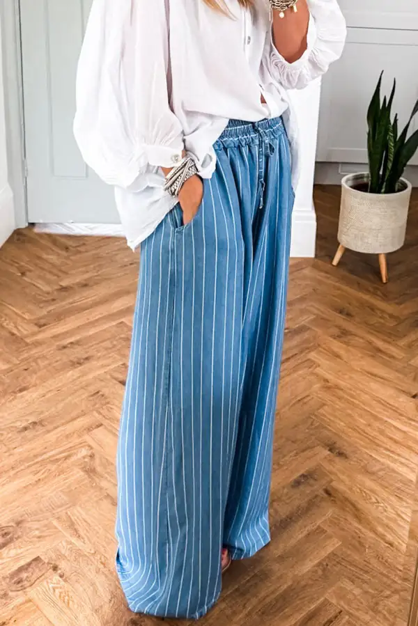 Chambray Wide Leg Tied Elastic Waist Trousers