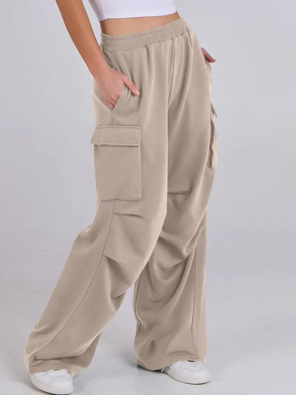 Elastic Waist Wide Leg Pants With Pocket