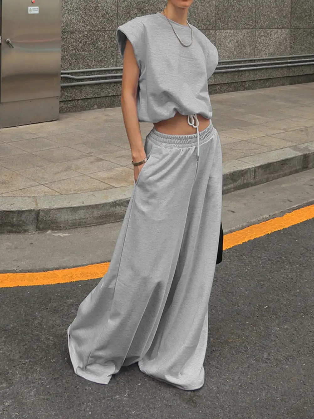 Round Neck Top And Wide Leg Pants Set