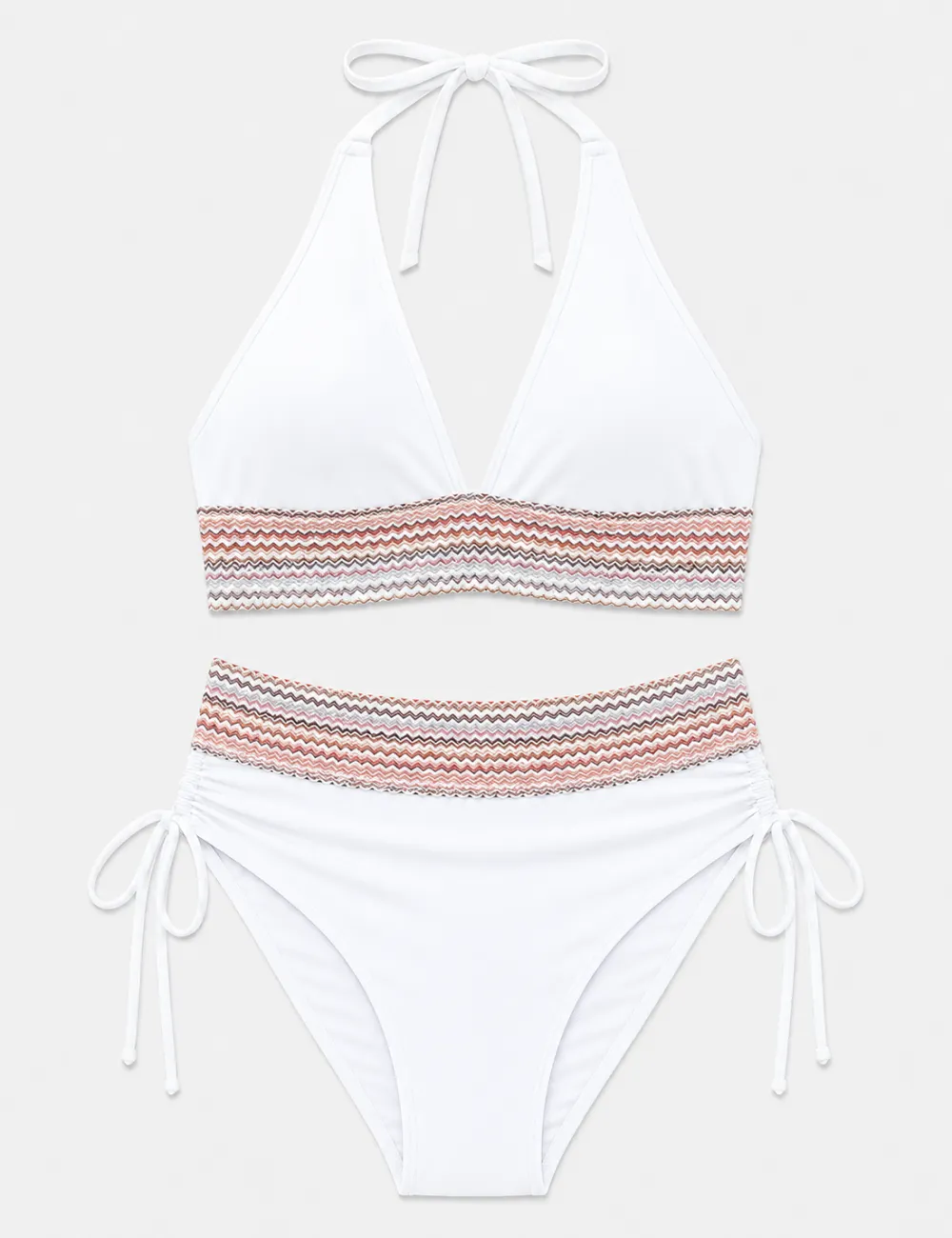 Deep V Neck Colorful Zigzag Smocked Trim Bikini Set