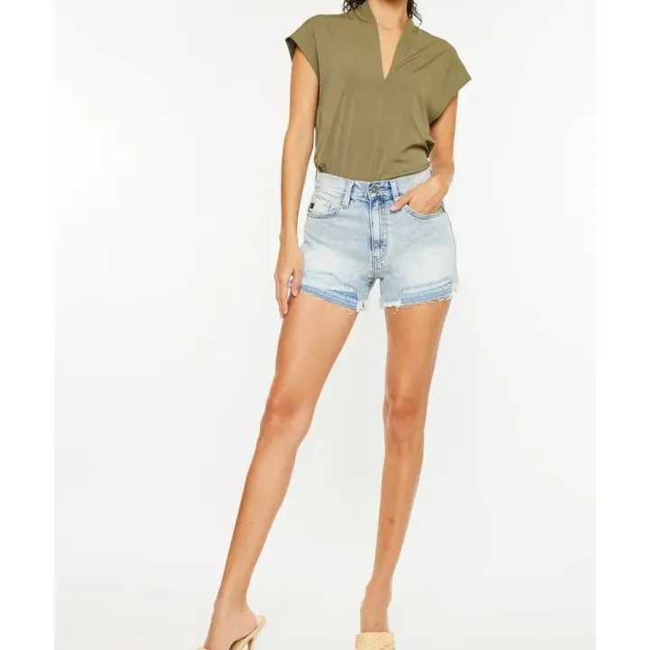 Refined High Rise Raw Hem Denim Shorts