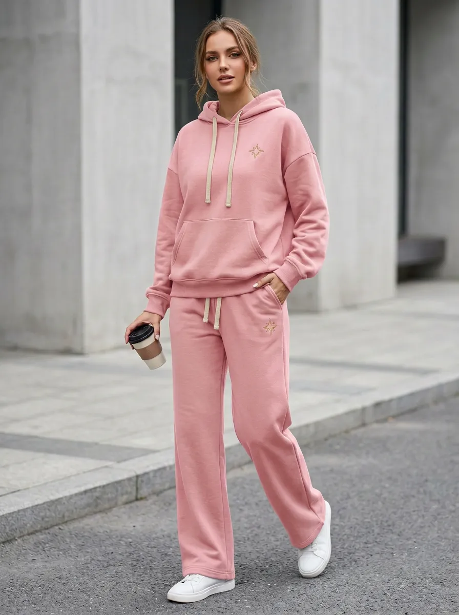 Women's Olive Green Star Embroidered Printed Hoodie Sweatpants Set