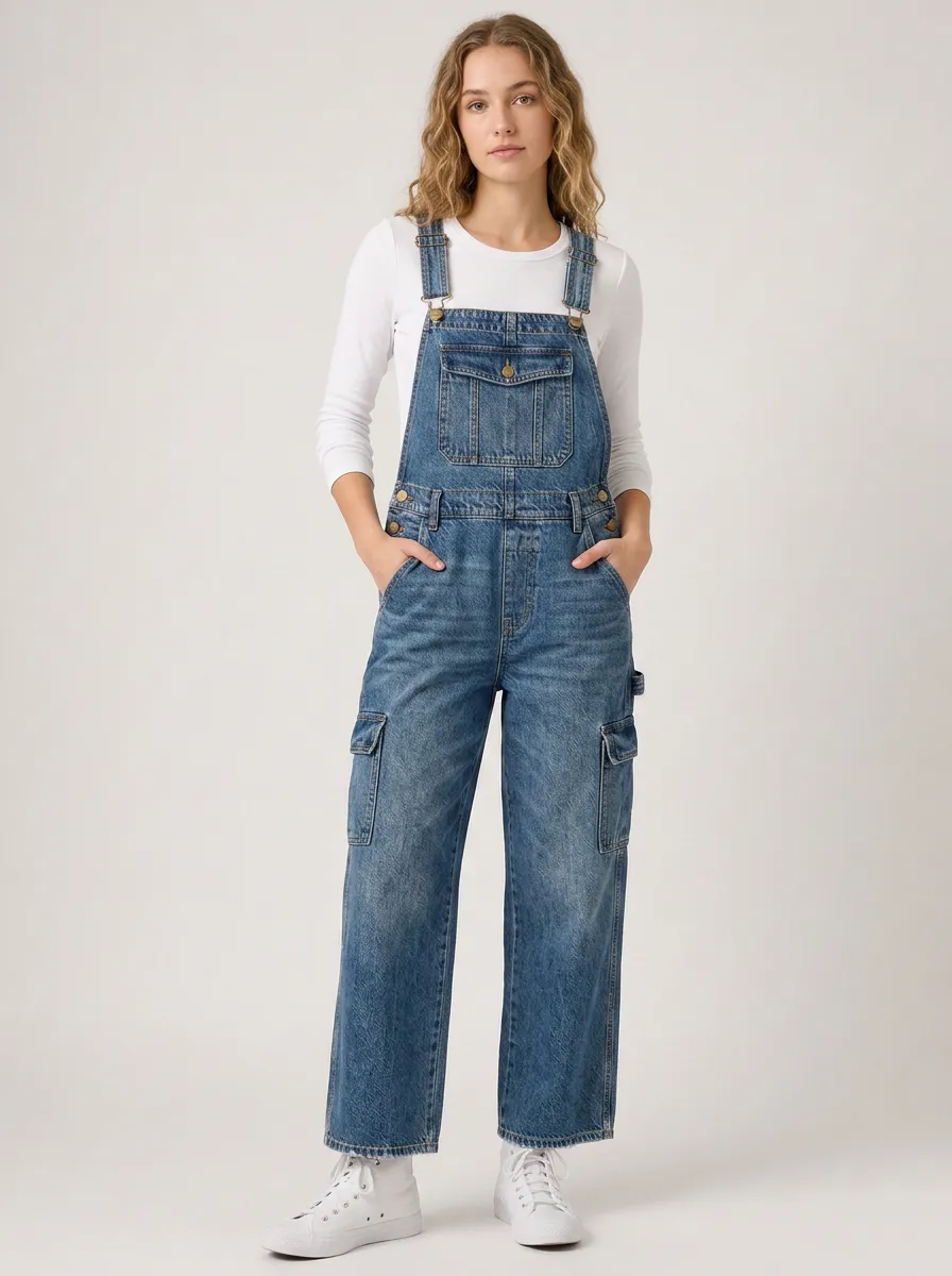 Women's Utility Cargo Pocket Denim Overalls