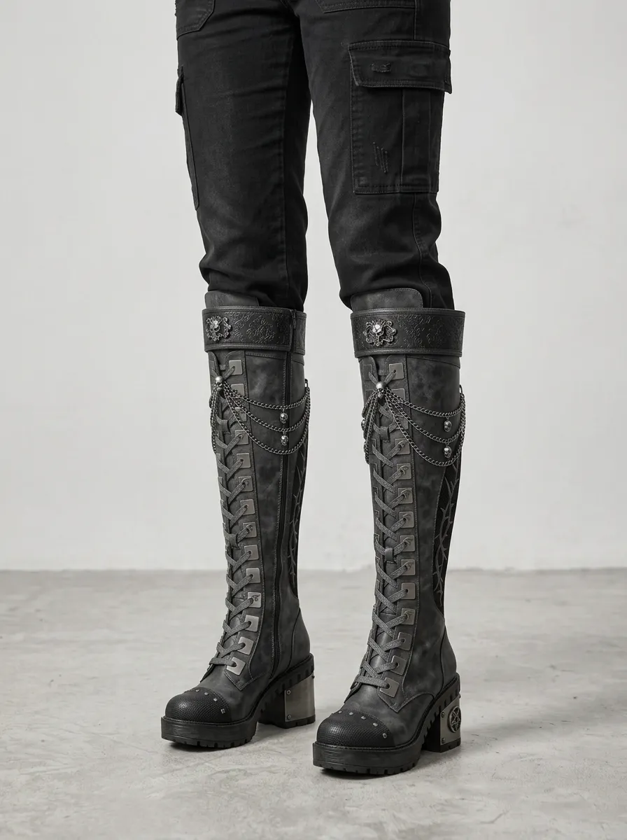 Gothic Revival Pentagram Skull Chain Collection Women's Gothic Platform Boots