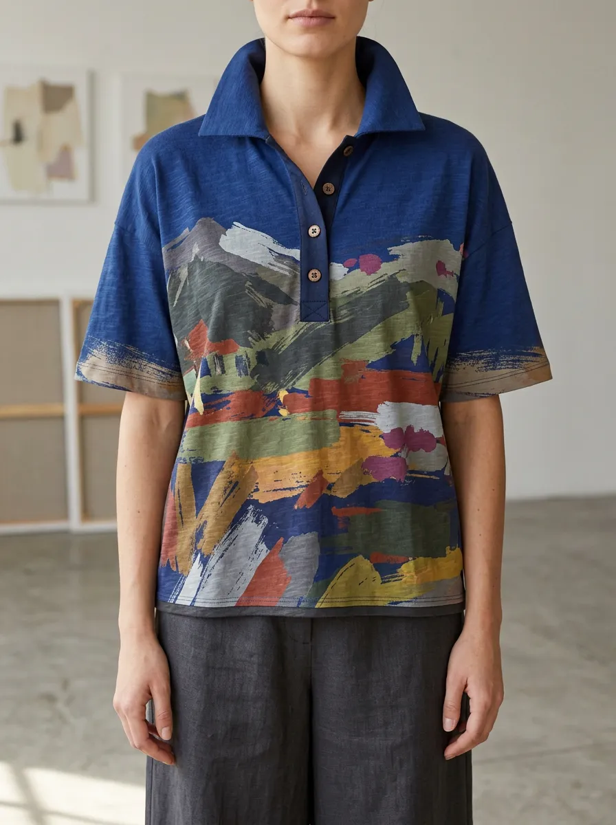 Women's Abstract Landscape Art Printed Polo Shirt