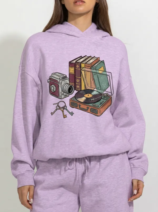 Women's Vintage Hobby Lover Books Camera Record Player Graphic Hoodie