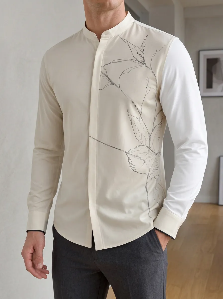 Men's Floral Line Art Hidden Placket Long Sleeve Mandarin Collar Slim Fit Shirt