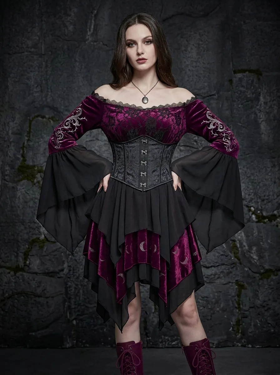 Women's Gothic Moon Pattern Velvet Lace Printed Mini Dress