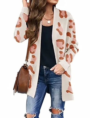Women's Long Sleeves Open Front Leopard Print Knitted Sweater Cardigan Coat Outwear