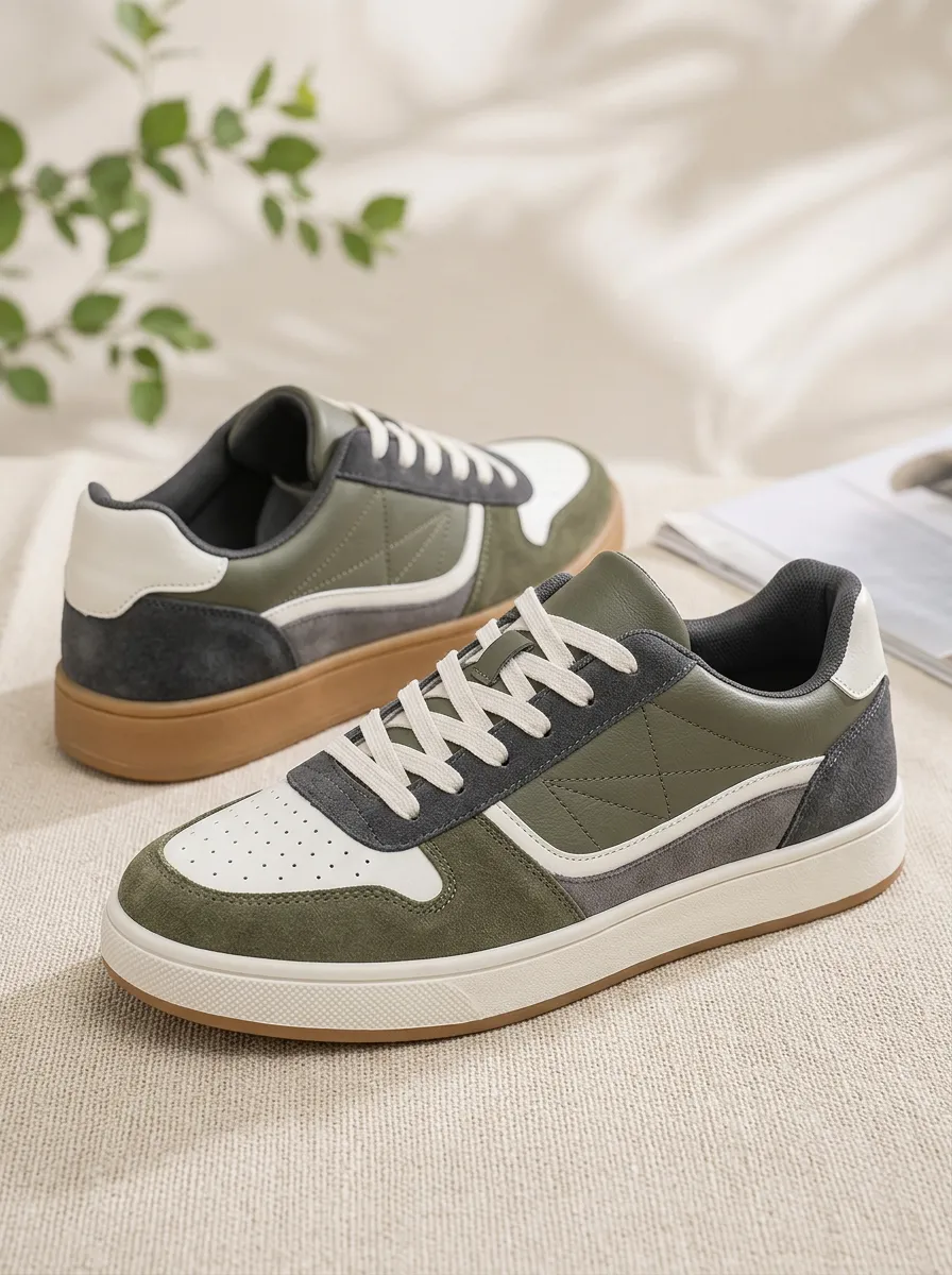 Men's Casual Olive Green Suede Colorblock Lace-up Sneakers