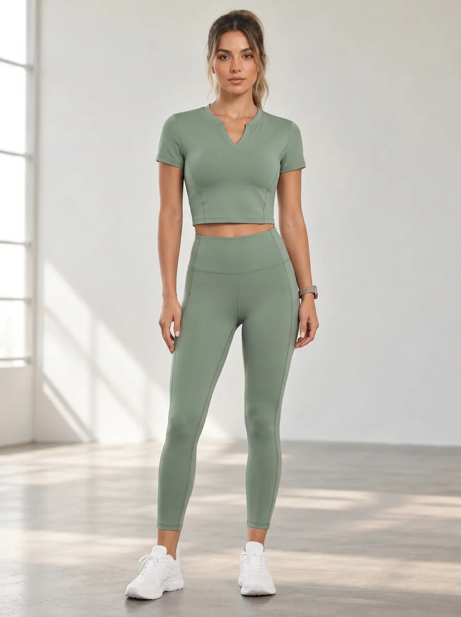 Women's High Waist Crop Top V-Neck Leggings Set