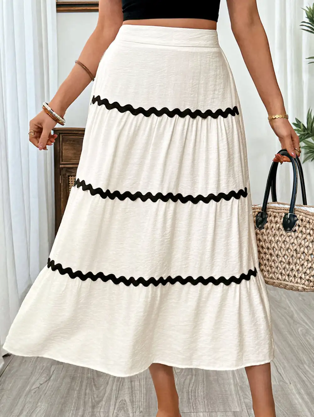 Elastic Waist Flowing Midi Skirt