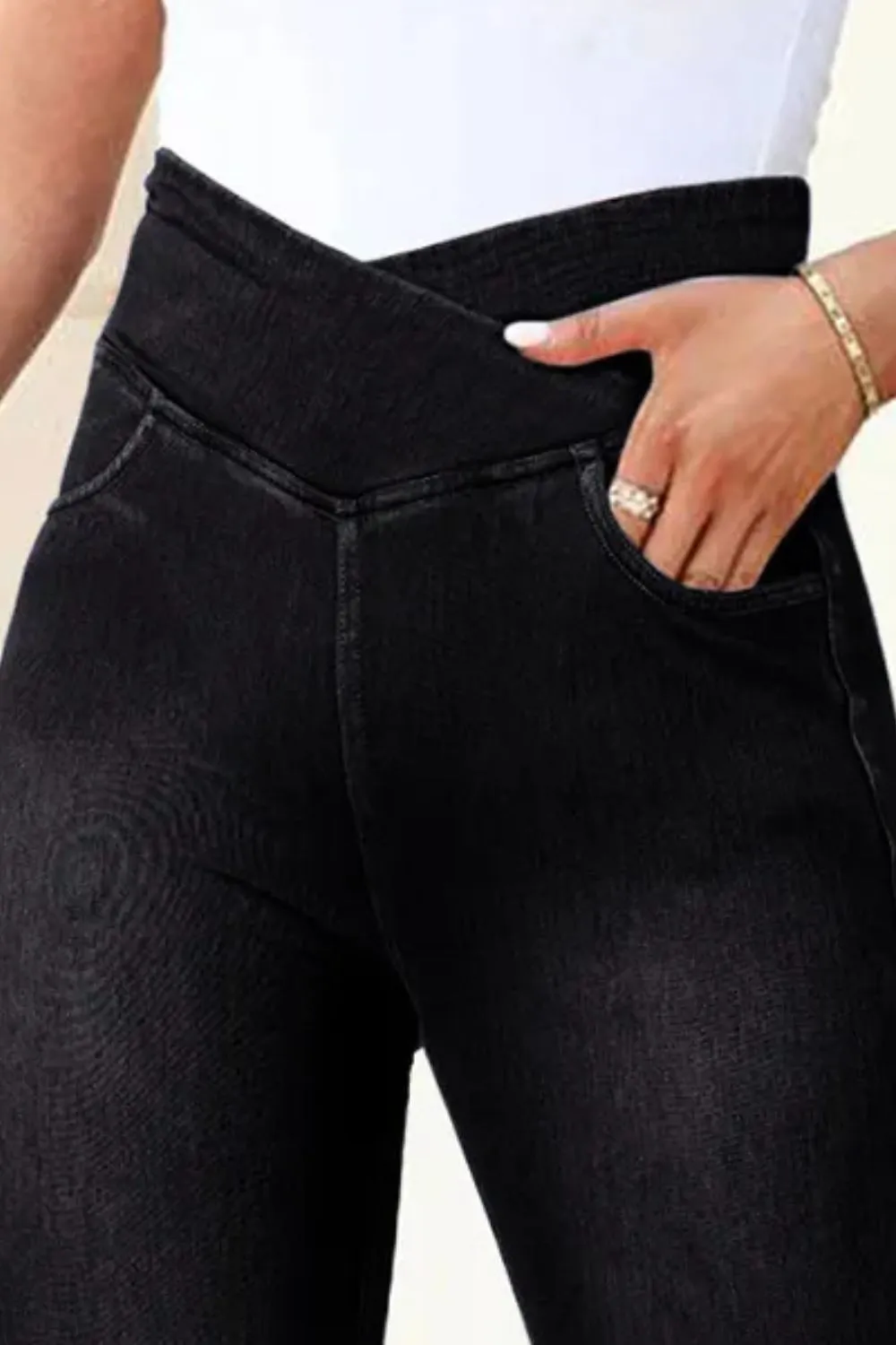 Textured High Waist Pocketed Denim Jeans