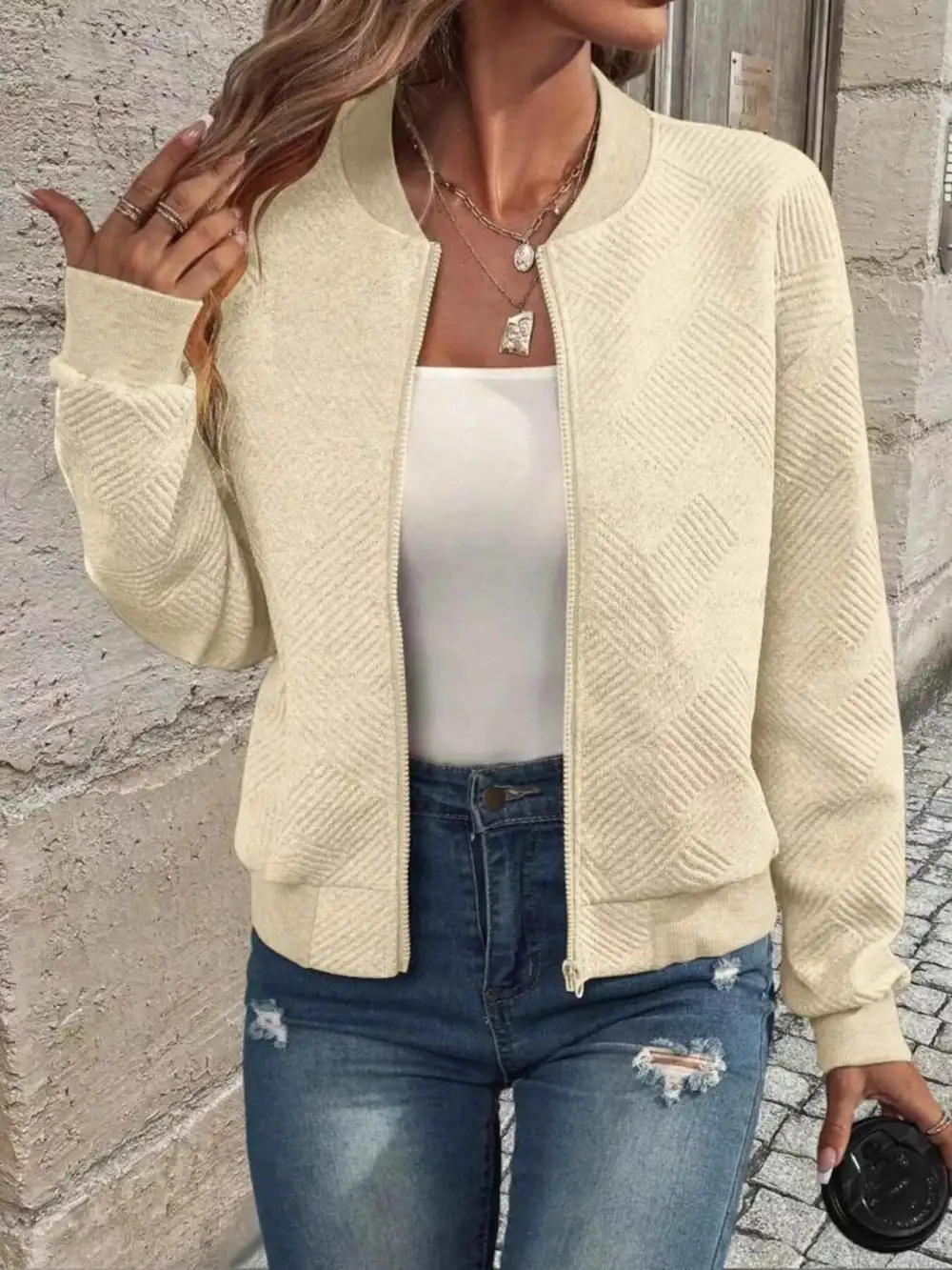 Plus Size Zip-Up Long Sleeve Textured Jacket