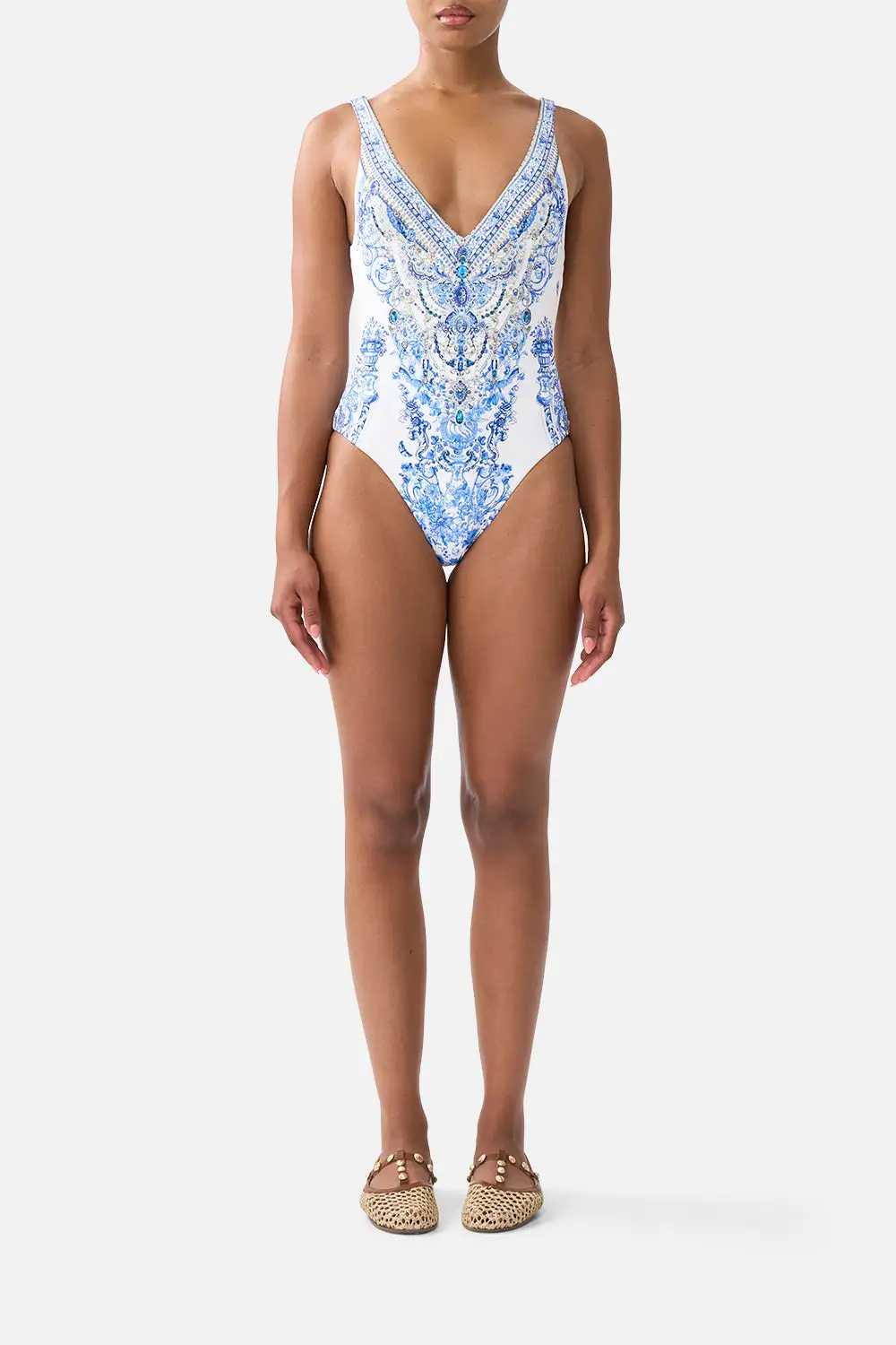 V-Neck One-Piece Swimsuit with V Back