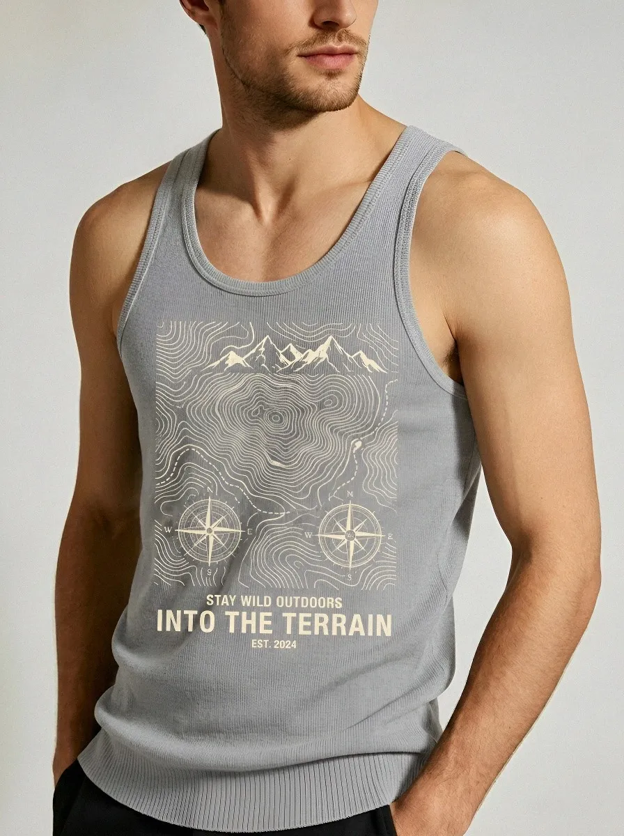 Men's Outdoor Hiking Mountain Compass Printed Tank Top