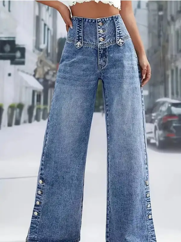 Trendy Women' High Waist Button Decor Wide Leg Jeans