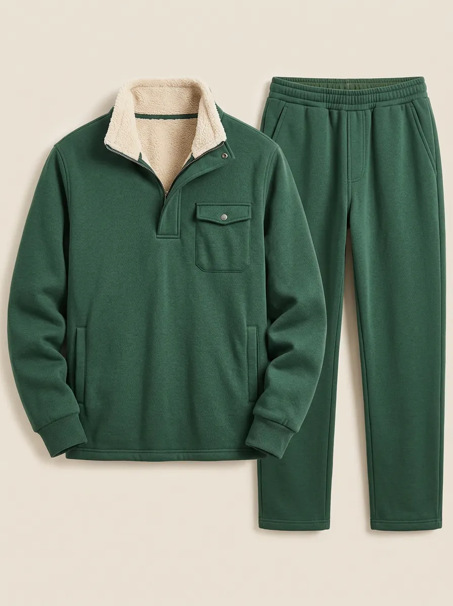 Men's Sherpa-Lined Tan Quarter-Zip Pullover Joggers Co-ord